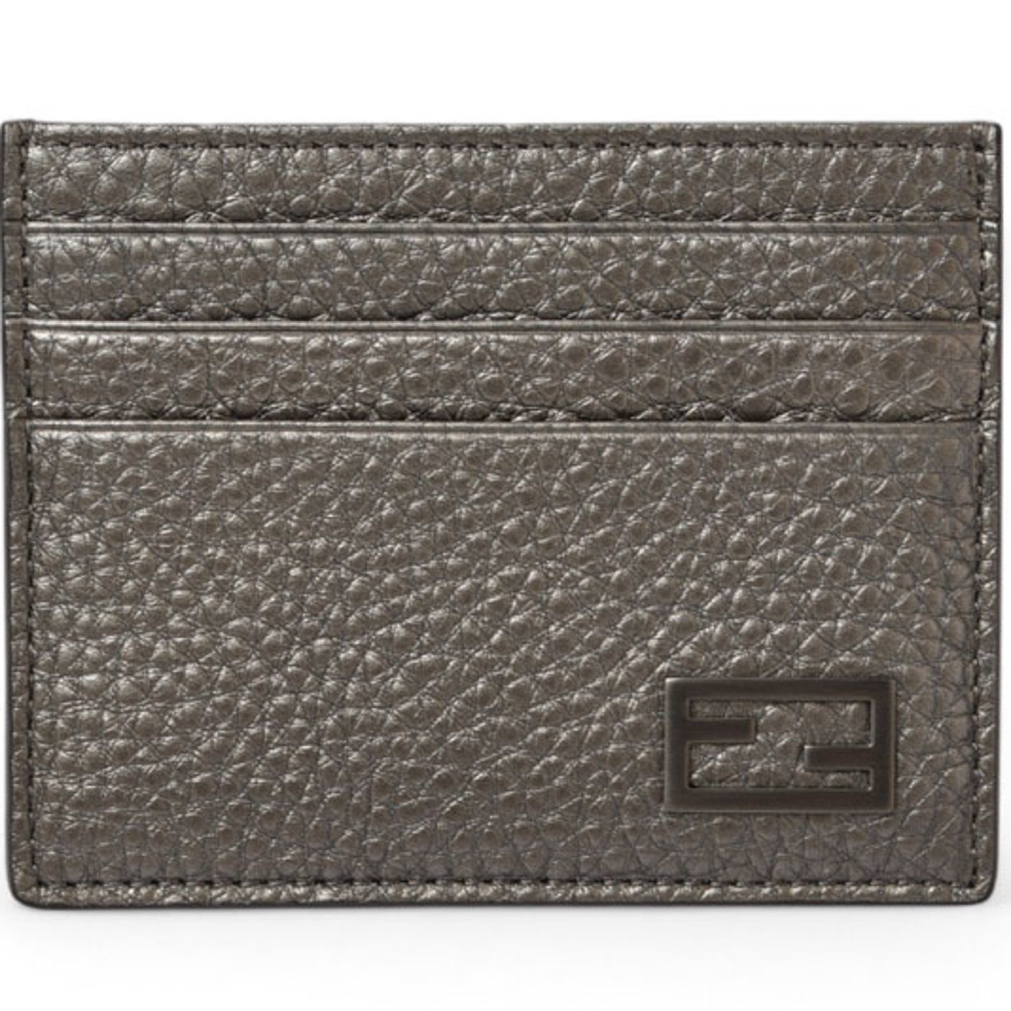 Fendi Card Case/Business Holder Leather Ff Baguette Motif Metallic Grey 7m0164